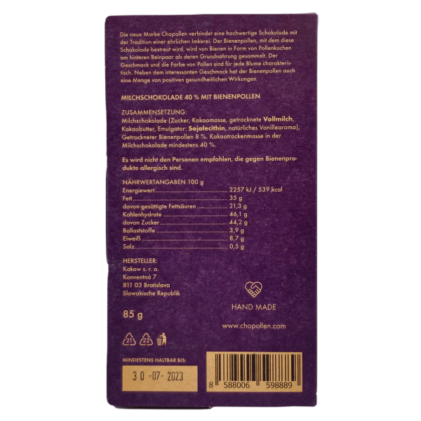 Chopollen Milchschokolade Packung hinten